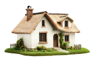 A charming cottage featuring a thatched roof, front door, windows, and surrounding greenery, embodying a cozy, rustic aesthetic. png
