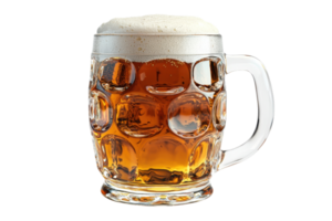 A frothy mug of golden beer with a textured glass design, showcasing its bubbly surface and rich color. png