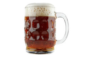 A frothy, dark amber beer served in a glass mug, showcasing bubbles and a rich texture. png