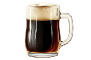 A frothy mug of dark beer, showcasing rich colors and a creamy head, inviting a refreshing experience. png
