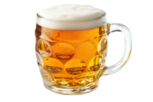 A frothy beer in a glass mug, showcasing a golden hue and bubbles. png