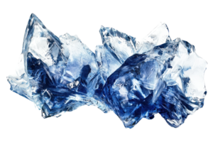 Shimmering blue crystals with sharp edges and a rugged surface, showcasing light reflections and intricate structures. png