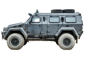 An armored military vehicle with oversized tires and a rugged design, showcasing durability and off-road capability. png