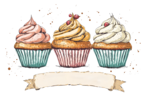 Three colorful cupcakes with swirls of frosting, topped with small decorative elements, displayed in a row. png