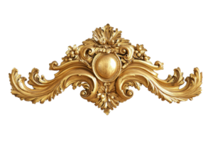 Ornate gold decoration featuring intricate floral designs and a central orb, embodying elegance and craftsmanship. png