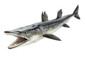 A detailed depiction of a barracuda displaying its sharp teeth and streamlined body, showcasing its predatory nature. png