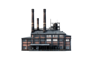 A large industrial building with smokestacks, featuring a mix of windows and a metallic structure, indicative of an older manufacturing plant. png