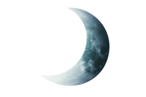 A crescent moon illuminated with a soft glow, showcasing surface textures and features. png