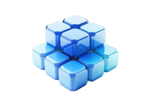 A cluster of translucent blue hexagonal shapes arranged in a layered formation, showcasing a modern and geometric design. png