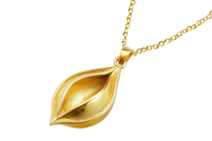 A golden pendant in a unique leaf shape, elegantly suspended from a delicate chain, showcasing intricate design and shine. png