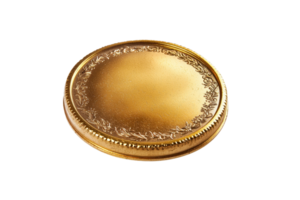 A gleaming, ornate gold coin with intricate detailing around the edges. png