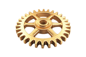 A golden gear with multiple teeth and a central hub, showcasing intricate detailing and robust design. png