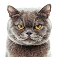 A close-up of a grey cat with striking golden eyes, displaying a serious expression. png