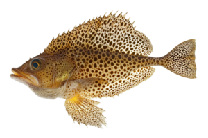 A vibrant fish with a spotted pattern, featuring a distinctive fin structure and expressive eyes. png