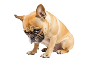A small, sad-looking French Bulldog with a fawn coat sits in a relaxed position, showcasing its distinctive wrinkled face and large ears. png