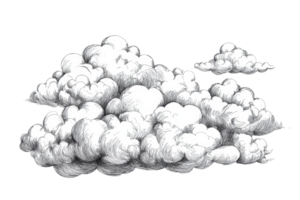 Detailed illustration of fluffy, textured clouds in various sizes, showcasing intricate shading and depth. png