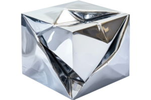 A shiny, geometric cube with a faceted design and smooth surfaces reflecting light. png