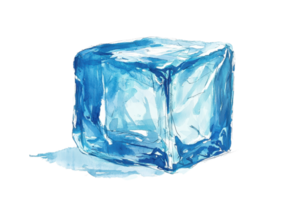 A clear, blue ice cube with sharp edges and glossy surfaces, casting a subtle shadow beneath it. png