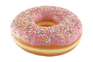 A pink frosted donut topped with colorful sprinkles, featuring a fluffy texture and a classic ring shape. png