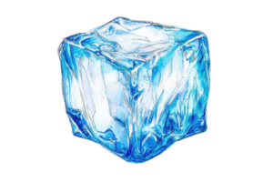 A clear ice cube with distinct facets and a bluish tint, showcasing crystalline textures and reflections. png