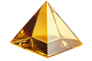 A shiny, golden pyramid with smooth surfaces and sharp edges, showcasing a reflective, geometric design. png