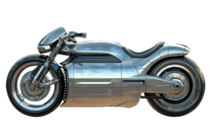 A sleek, futuristic motorcycle with metallic surfaces and an aerodynamic design, showcasing a unique blend of style and innovation. png