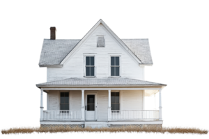 A classic white wooden house with a sloped roof, featuring multiple windows and a front porch. png