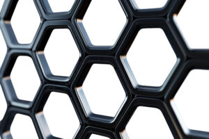 A close-up view of a hexagonal grid pattern, showcasing shiny, black surfaces with distinct geometric shapes. png