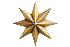A golden eight-pointed star with sharp, angular edges, showcasing intricate texturing and a three-dimensional appearance. png