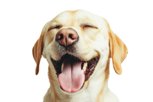 A joyful Labrador retriever with a wide smile and closed eyes, showcasing its friendly and playful demeanor. png