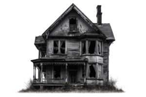 A dilapidated, haunted house with broken windows and overgrown grass, showcasing eerie architectural details and a ghostly presence. png