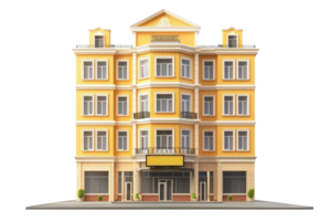 A colorful, four-story building featuring multiple windows and a decorative facade. png