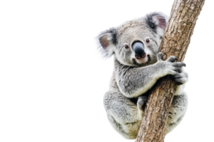 A koala clings to a tree trunk, showcasing its distinct fur and expressive features, embodying the charm of Australian wildlife. png