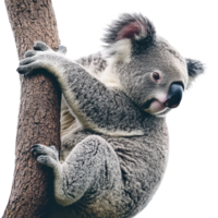 A koala clings to a tree trunk, showcasing its distinctive features and fur texture. png