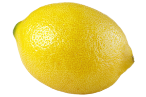 A bright yellow lemon with a textured surface, showcasing its natural imperfections and vibrant color. png