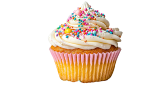 A delectable cupcake topped with creamy frosting and colorful sprinkles, showcasing a golden base and pink wrapper. png