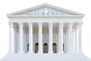 A classical white temple structure with tall columns, featuring intricate architectural details and a triangular pediment against a dark background. png