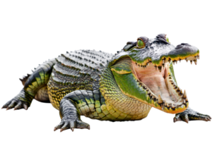 A large, fierce-looking crocodile with its mouth wide open, showcasing sharp teeth and textured skin. png