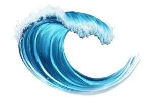 A dynamic, curling wave with vibrant blue hues and foamy white crest, capturing the essence of ocean motion. png