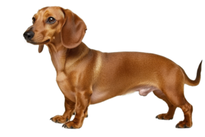 A small, slender dachshund with a smooth, reddish-brown coat, standing alert and looking to the side. png