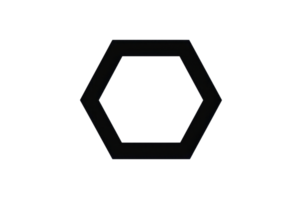 A black hexagonal shape, featuring six equal sides and angles, representing geometric precision and symmetry. png