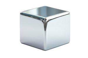 A shiny, metallic cube with smooth edges reflecting light, showcasing its sleek and modern design. png
