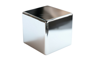 A shiny, metallic cube reflecting light, showcasing its smooth surface and geometric shape. png
