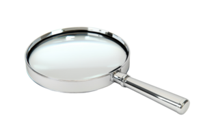A sleek magnifying glass with a shiny metal frame and a clear lens, perfect for examining fine details. png