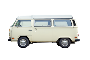 A vintage camper van with a cream-colored exterior and a boxy shape, featuring windows and a pop-top roof for additional space. png