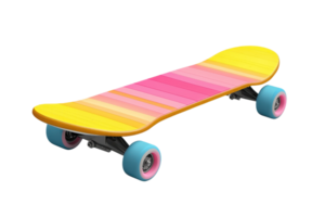 A vibrant skateboard featuring a gradient design in yellow and pink with blue wheels. png