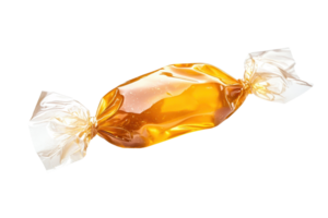 A shiny, wrapped caramel candy showcasing its glossy surface and distinctive shape. png