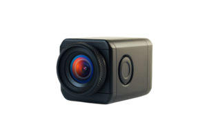 A compact camera with a distinctive lens design, showcasing sleek lines and modern features. png