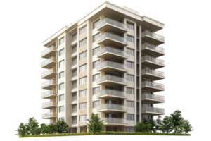 A modern multi-story building featuring balconies and greenery at its base. png