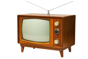 A vintage wooden television set featuring a curved screen and knobs for tuning, complete with rabbit ear antennas. png